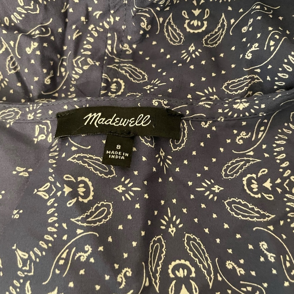 Madewell Shirred Button Front Navy Cream Paisley Print Dress Size 8 - Picture 8 of 9